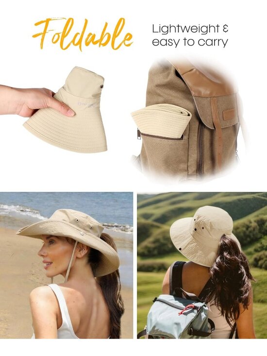 〽️Women Light Khaki Ponytail UPF 80+ Wide Brim Packable Cowboy Hat Beach Sun Hat